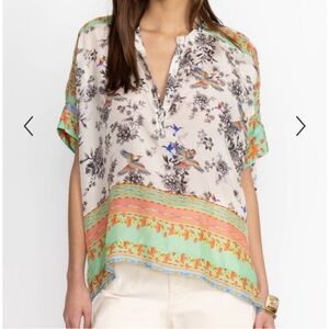 Johnny Was Dream Garden Carla Blouse,  Multicolor Floral & Bird Silk Top, NWT